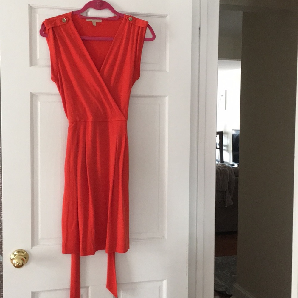 Orange Tie Dress with gold buttons on shoulder
